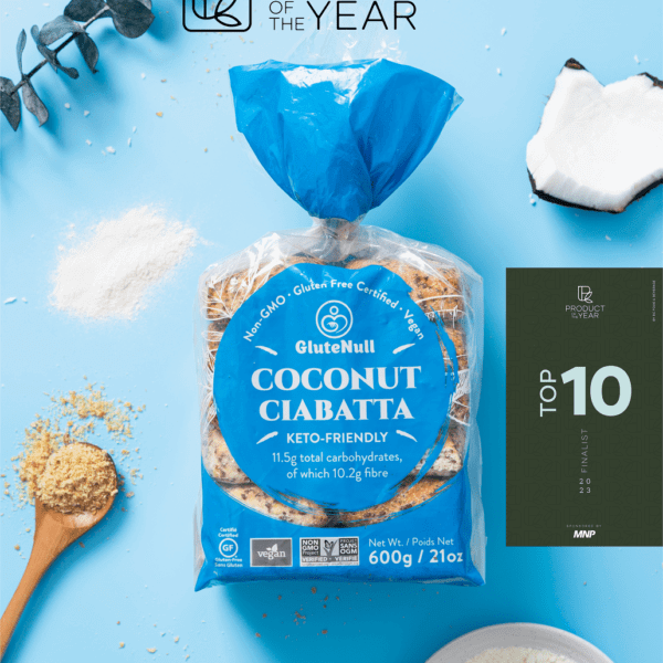 Coconut Ciabatta Keto, showcased as one of the top 10 products of the year, with a golden-brown crust and fluffy texture.