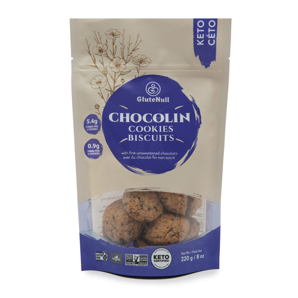 GluteNull's Chocolin Cookies in Purple pouch bag against a white background. 220g. Gluten Free Vegan Non GMO