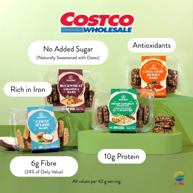We’re back at the Costco Roadshow! 🚗 Starting with Kamloops today! 💚
Come by and try our delicious and healthy bars, full of protein, fibre and no added refined sugar. 

📈Per 42g bar, compared to leading industry bars:
🍬 more than 46% less sugar 
🥥6g fibre → 44% more fibre
💪10g protein (Hemp Bars) → 53% more protein

No additives. No preservatives. Just wholesome, premium ingredients. 🌱🫐🌻
And the best part? They’re made locally in Port Coquitlam, BC! 🍁
📍 Costco Roadshow dates:
- Kamloops — Sep 15–27
- Richmond — Oct 1–11
- Saskatoon — Oct 13–25
- Edmonton — Nov 10–22
Come find us, have a taste and let us know your favourite! 🤗
@eatdrinkbuybc
•
•
•
#buybc #costcoroadshow #kamloops #glutenfree #healthyfood